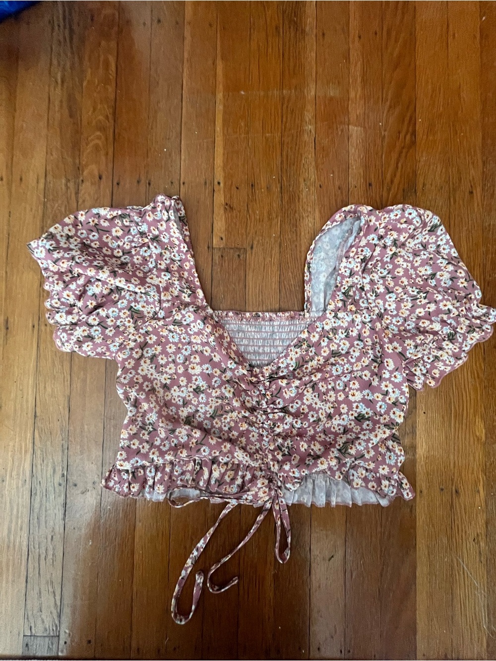 Floral Tie-Front Puff Sleeve Crop Top - Dusty Rose